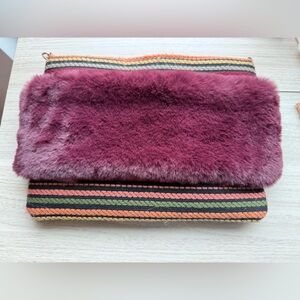 Vintage Vegan Fur Burgundy and Striped Knit Clutch